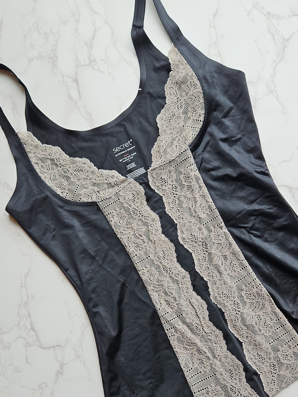 Victoria's Secret Black Slimming Tank with Cream Lace Inset L